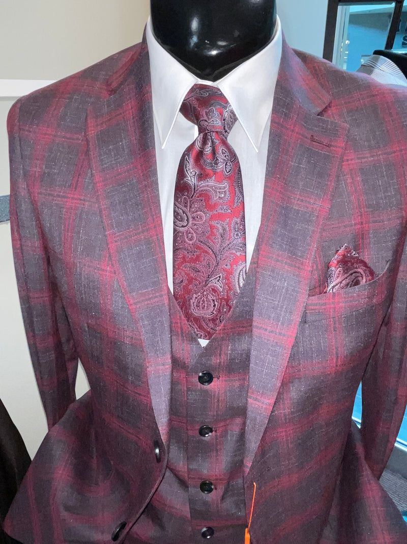 Steven Land SL77-740 Baresi Vested Window Pane Suit Black & Red
