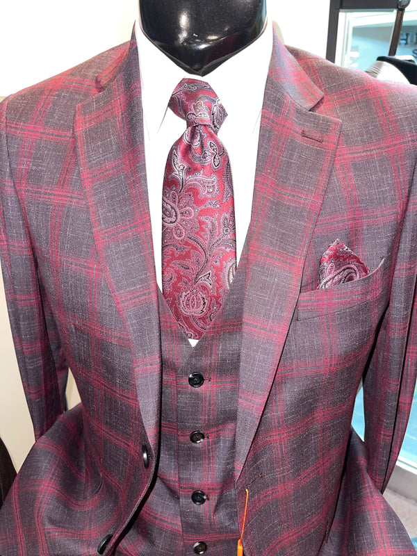 Steven Land SL77-740 Baresi Vested Window Pane Suit Black & Red