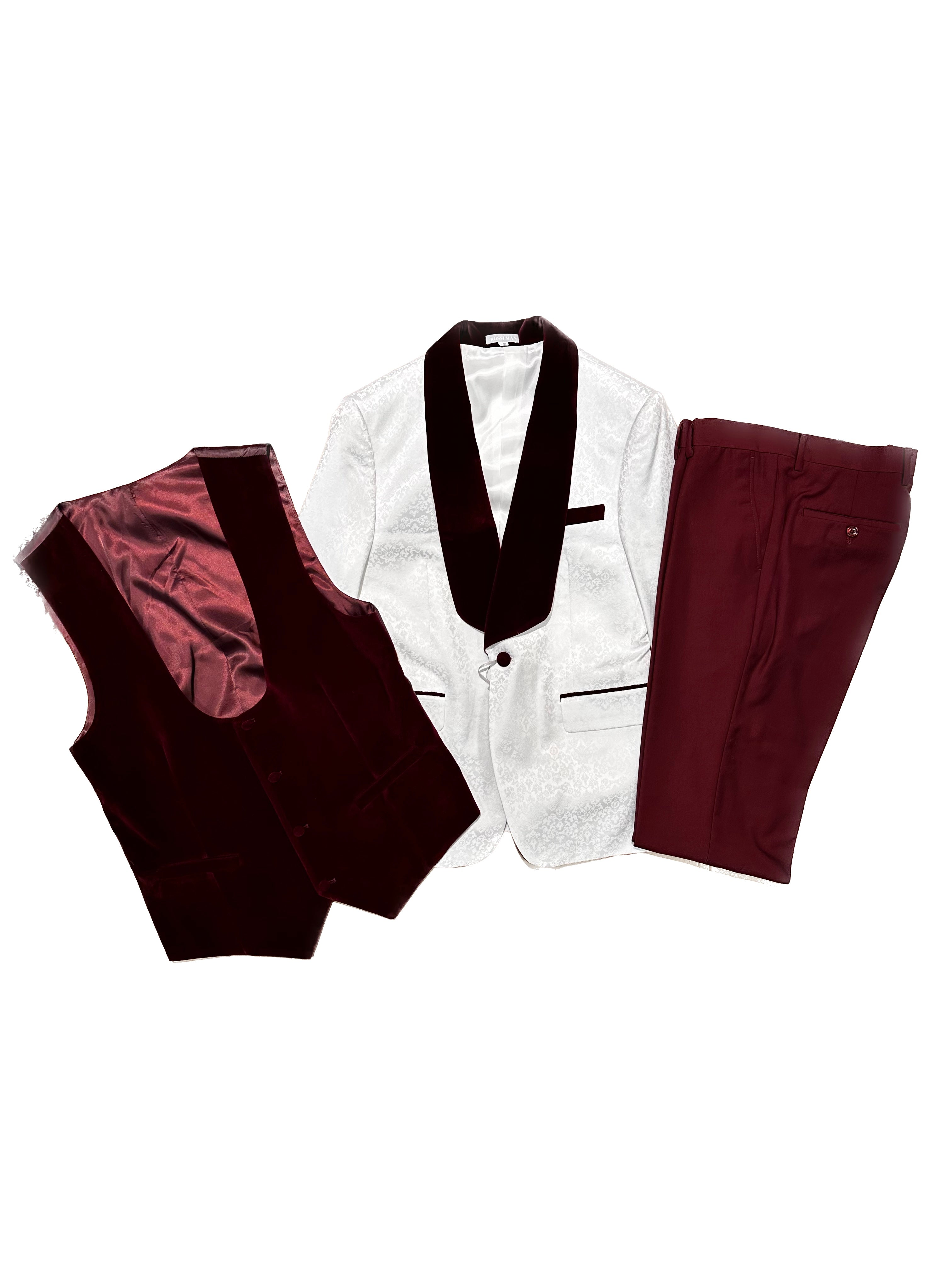 Rossi Man RM1480 Slim Fit  3 pcs Tux White/Burgundy