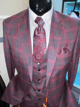 Steven Land SL77-740 Baresi Vested Window Pane Suit Black & Red