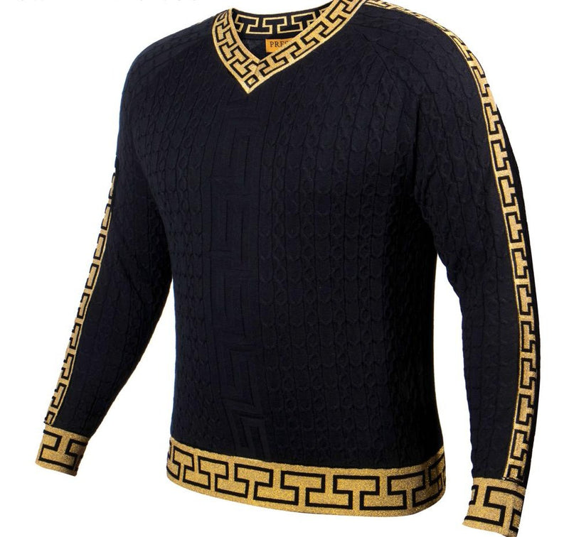 Prestige SW-465 L/S V Neck Raglan Greek Sweater Black/Gold